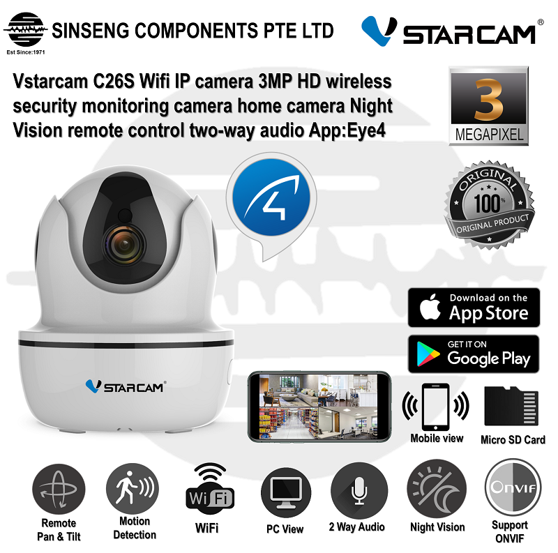 Upgraded 3MP VStarcam C26S Wireless WIFI IP camera with AI Functions+Night Vision+Two-Way Audio [PC-Mobile App:Eye4]