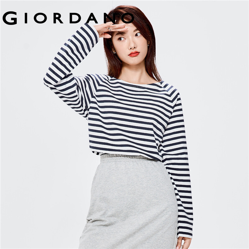 GIORDANO Women T-Shirts Contrast Color Stripe 100% Cotton Casual T-Shirts Long Raglan Sleeve Square Neck Comfy T-Shirts 13322770
