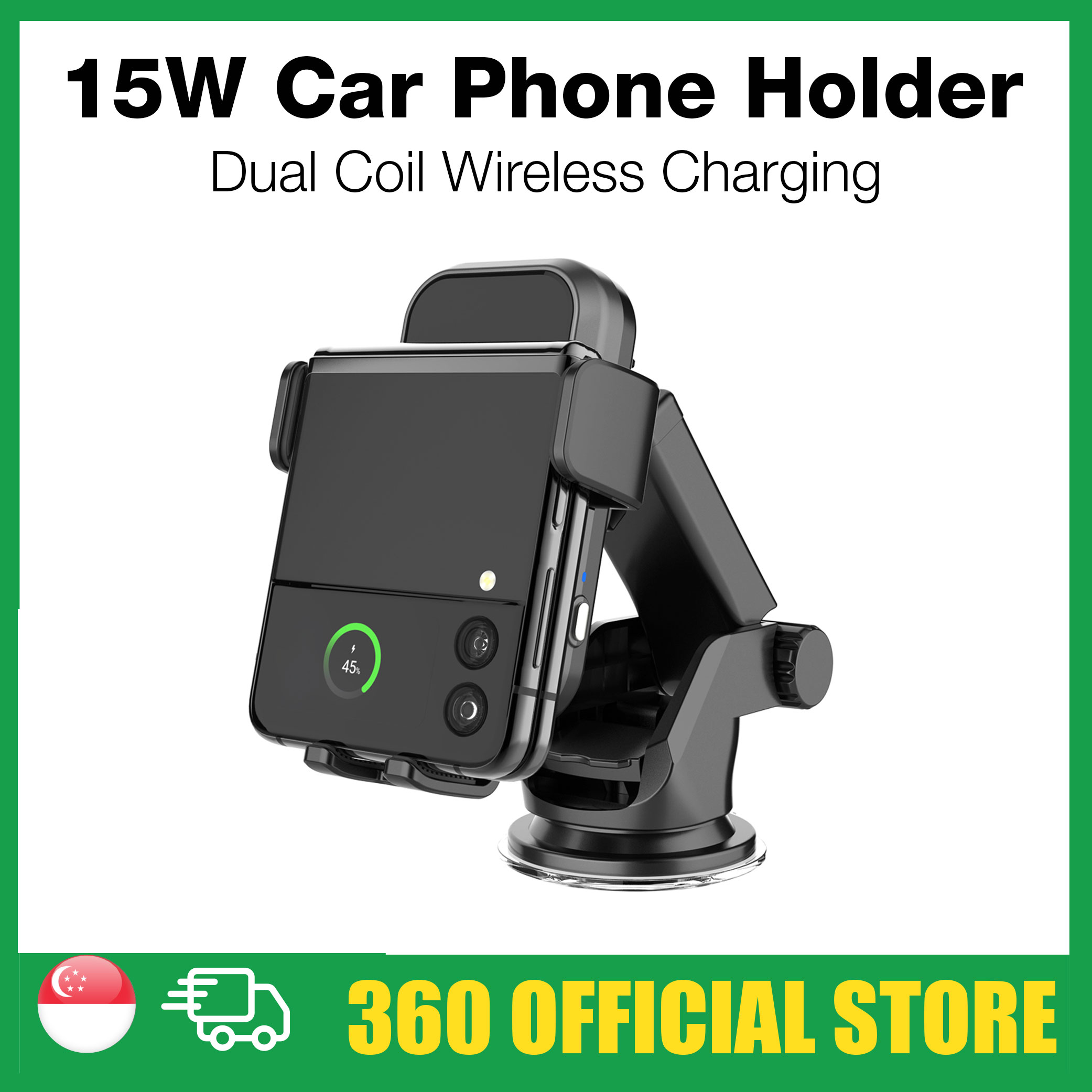 GXM CH01 15W Dual Coil Car Wireless Charger Phone Holder Compatible with Samsung Z Flip Series Three Axis Multi-angle Rotation Auto Clamping Car Phone Holder