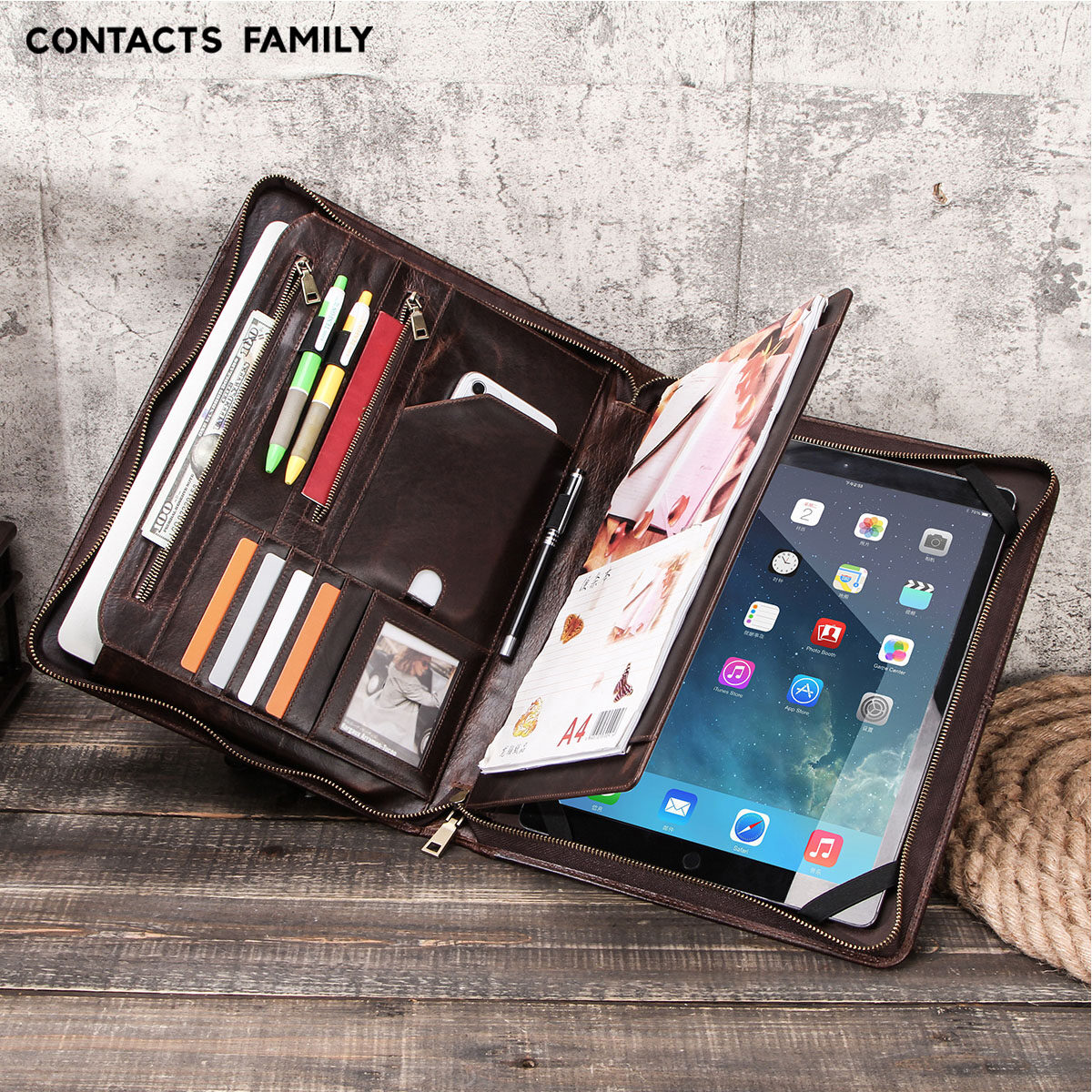 CONTACT'S FAMILY Retro Padfolio Cow Leather Case for iPad Pro 12.9  2020 Journal Document A4 Portfolio bag For 13.3” Macbook Air